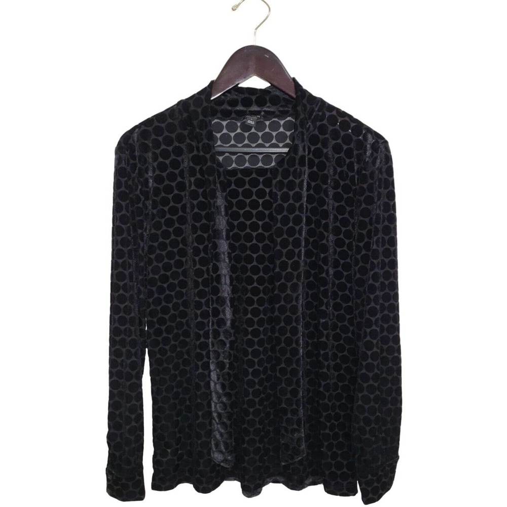 Ann Taylor Women's Size Large Tie Neck Long Sleeve Velvet Polka Dot Blouse Black